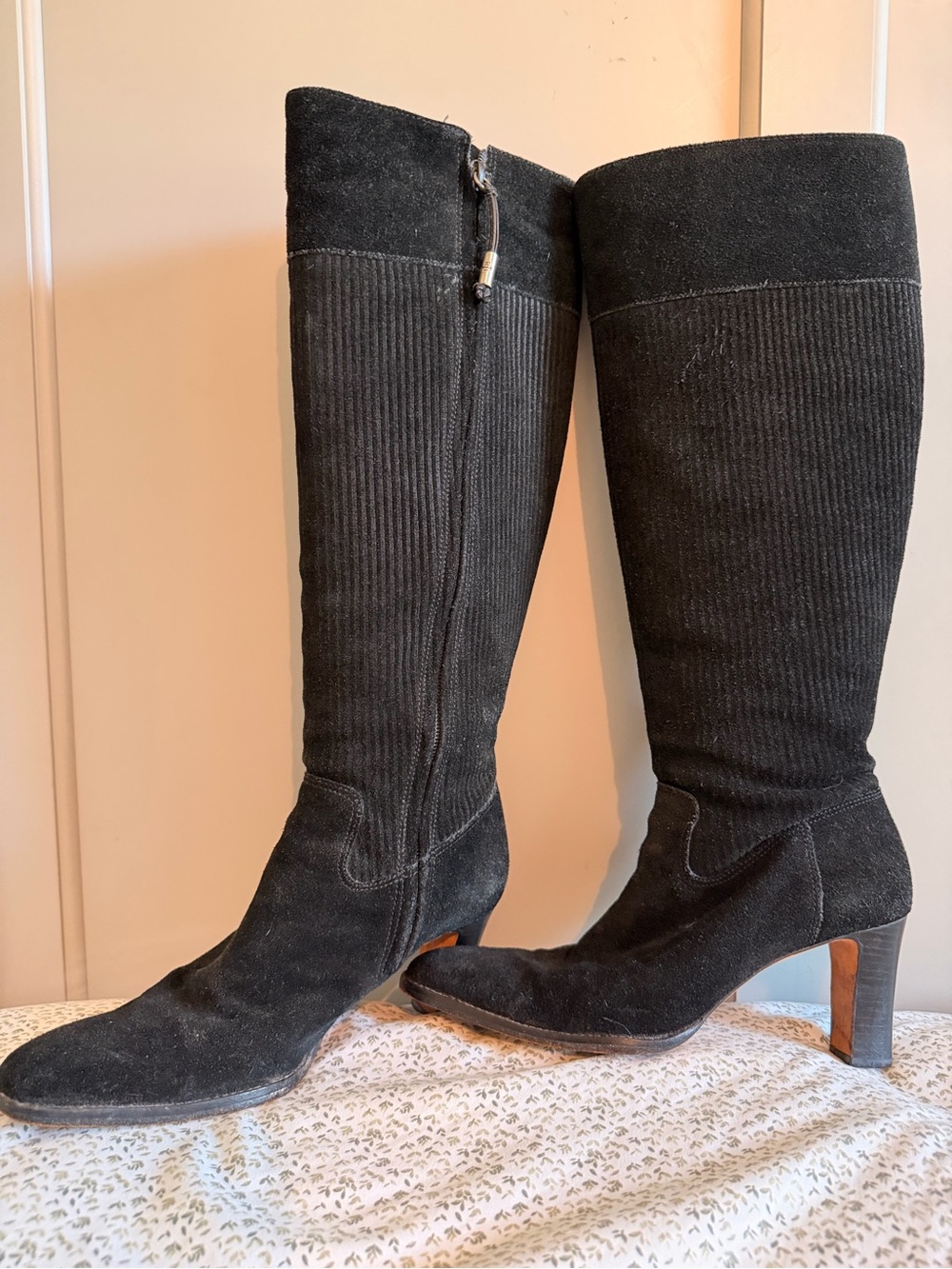 Lauren Ralph Lauren Black Authentic Leather Suede Ribbed Knee Boots